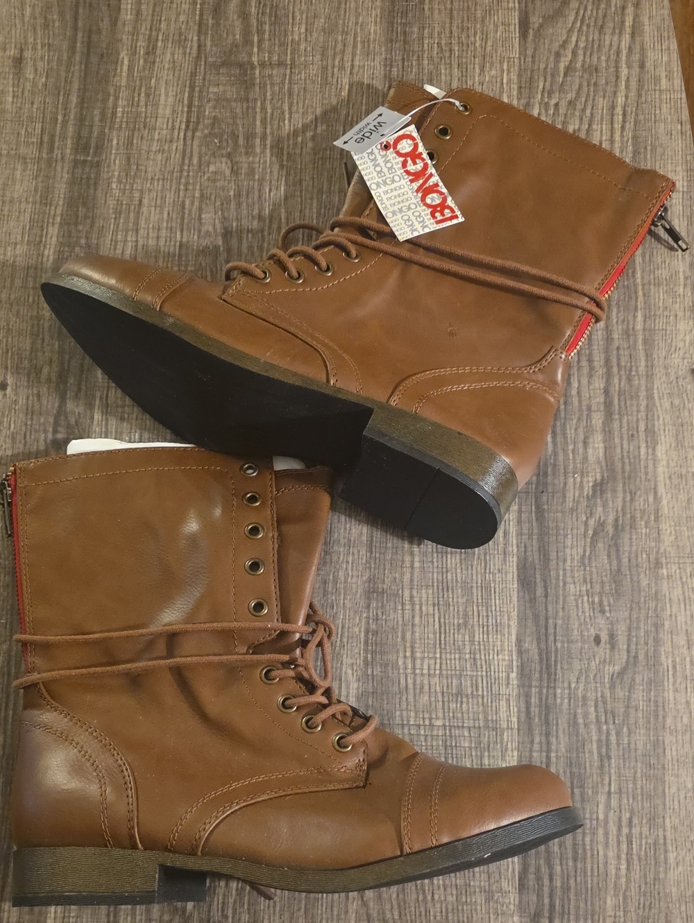 BONGO Brown Combat Moto Boots with Red Accent Zippers Size 9W